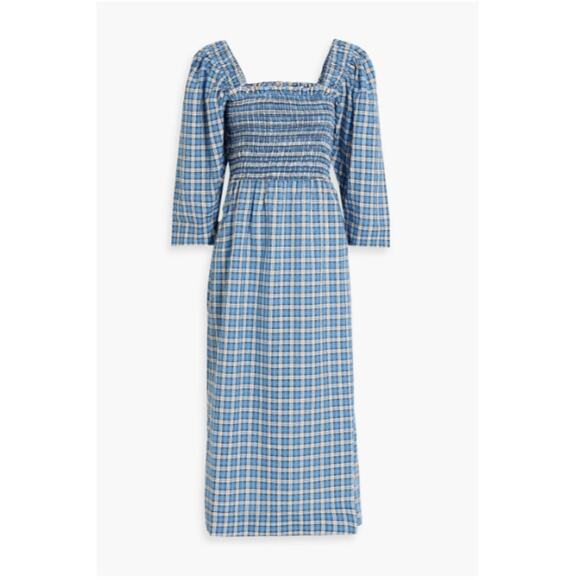 NWT Ganni Shirred Checked Cotton-blend Seersucker Midi Dress Blue DE 42 US 12 - Picture 10 of 10